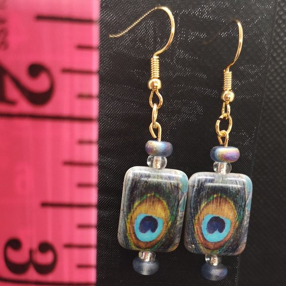 NEW - 18K Gold Plated Hardware with Peacock Stone - Handmade Earrings - Picture 3 of 5